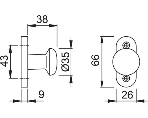 Technische tekening van een meubelknop met afmetingen