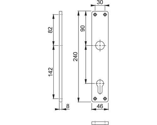 Technische tekening van een deurbeslag met maataanduidingen.