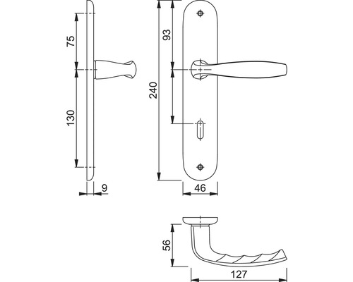 Technische tekening van een deurklink met afmetingen