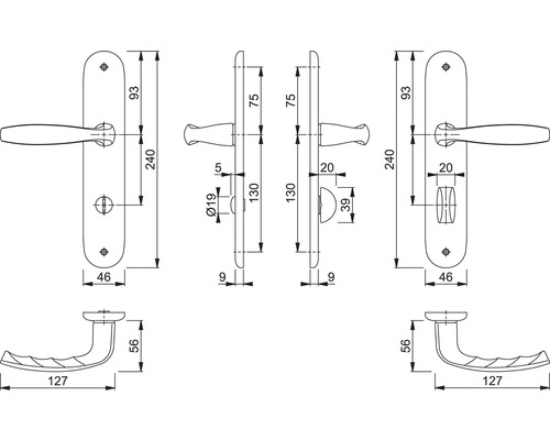 Technische tekening van een deurklink met afmetingen