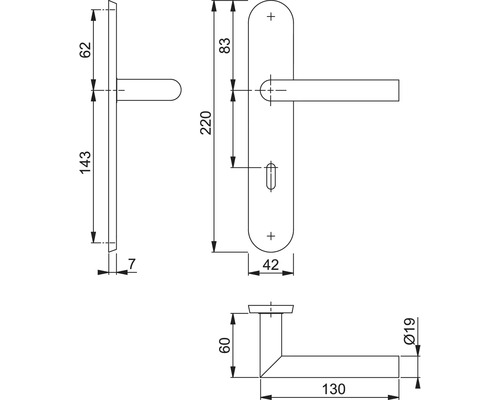 Technische tekening van een deurklink met afmetingen