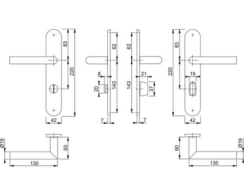 Technische tekening van een deurkruk met afmetingen