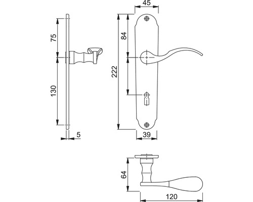 Technische tekening deurklink met afmetingen