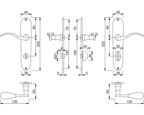 Technische tekening van een deurklink met afmetingen