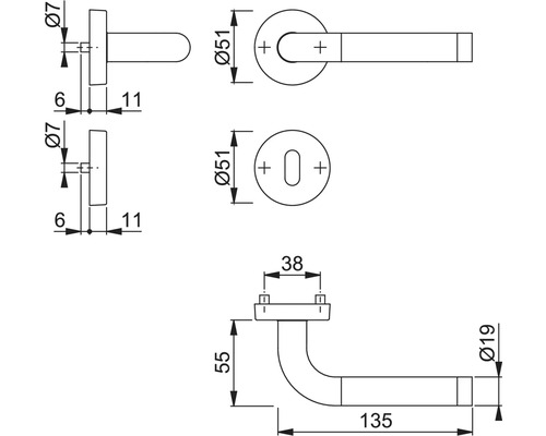 Technische tekening van een deurklink met afmetingen