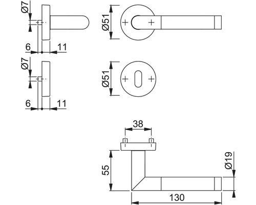Technische tekening van een deurklink met maatvoering