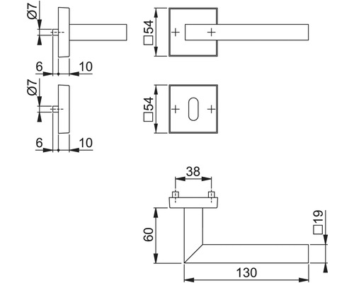 Technische tekening van een deurklink met afmetingen