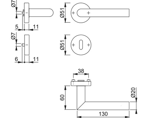 Technische tekening van een deurklink met maataanduidingen