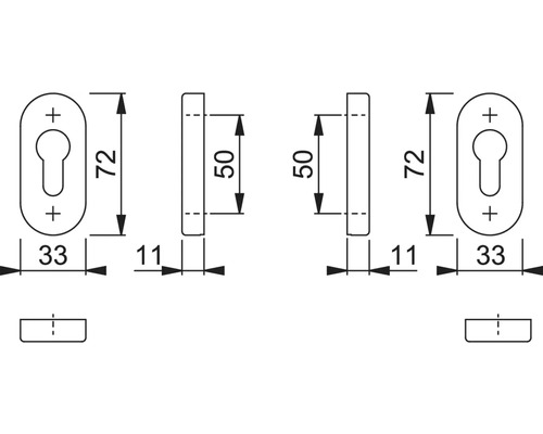 Technische tekening van een sleutelgatbeslag met maatvoering