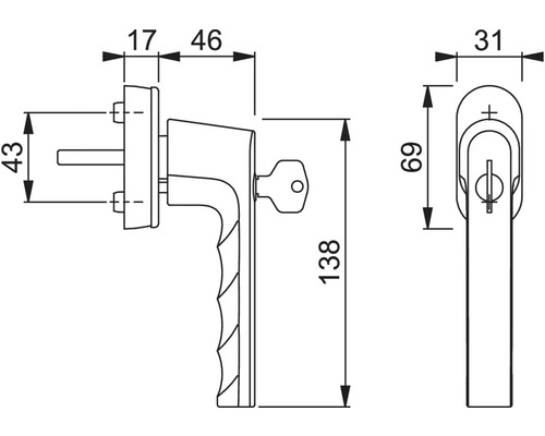 Technische tekening van een afsluitbare raamgreep met maatvoering