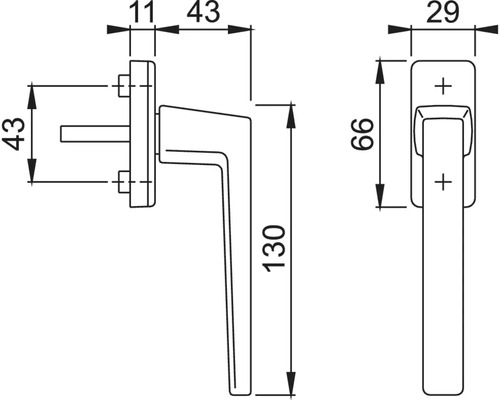 Technische tekening van een raamkruk met afmetingen