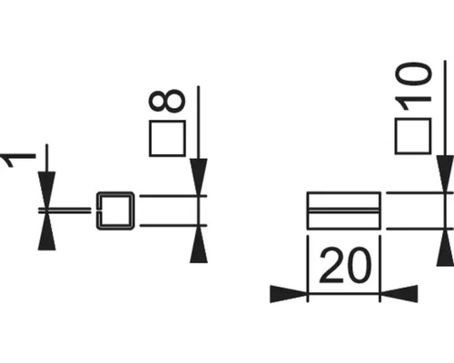 Technische tekening met maatvoering: 1, 8, 10 en 20 millimeter