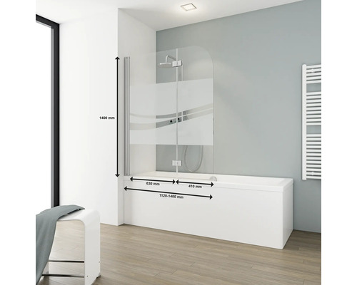 Badkuip met glazen douchewand en maataanduidingen voor hoogte en breedte.