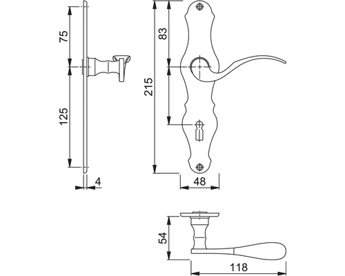 Technische tekening van een deurklink met afmetingen