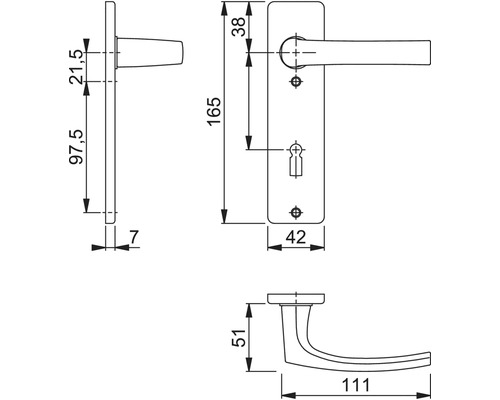 Technische tekening van een deurklink met afmetingen