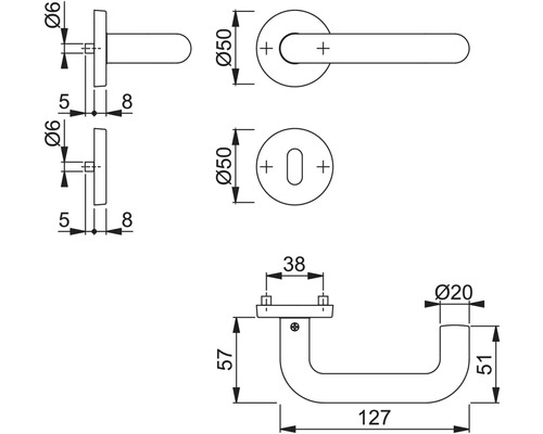 Technische tekening van een deurklink met afmetingen