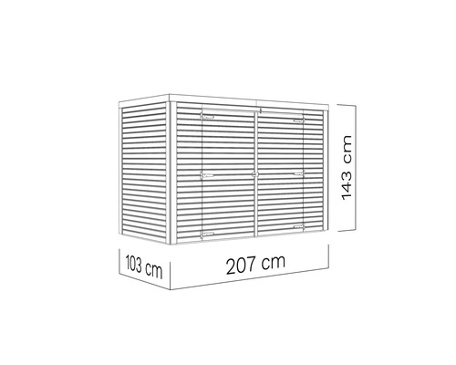 Omtrek van een tuinhuis met afmetingen van 207 bij 103 bij 143 centimeter