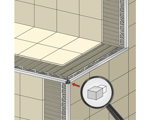 Illustratie van een ruimte met tegels en tegelprofielen, en een uitvergrote hoek.