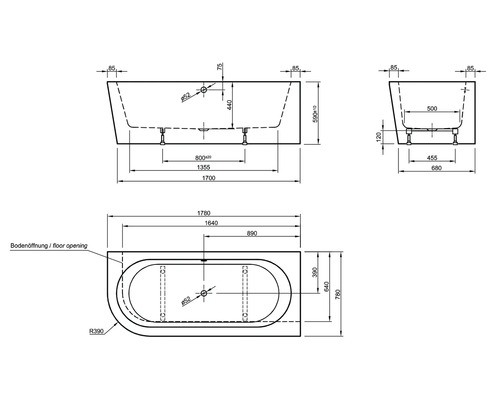 Technische tekening van een ligbad met maatvoering