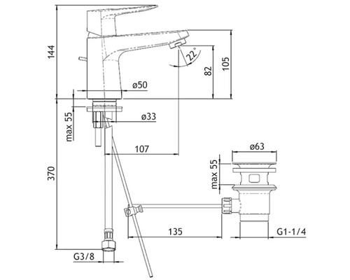 Technische tekening van een waterkraan met afmetingen