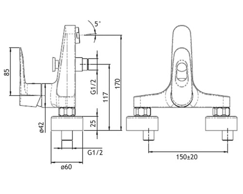 Technische tekening van een kraan met afmetingen