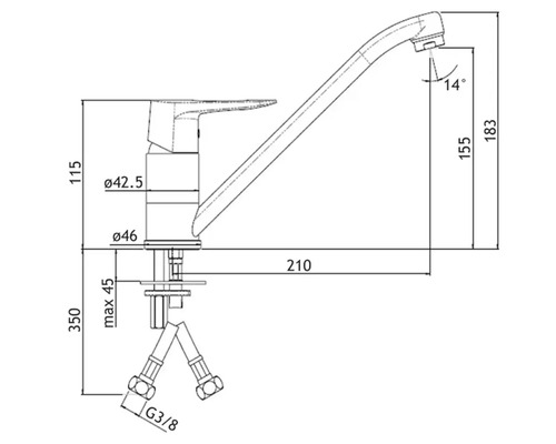 Technische tekening van een keukenkraan met maatvoering