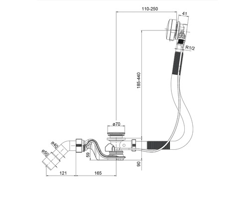 Technische tekening van een sifonsysteem met afmetingen voor sanitair gebruik
