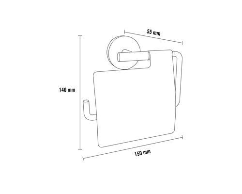 Technische tekening van een toiletpapierhouder met de afmetingen 140 mm hoog, 150 mm breed en 55 mm diep.
