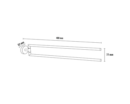 Dubbele handdoekhouder met afmetingen van 480 mm lengte, 52 mm diepte en 77 mm hoogte.
