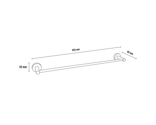 Handdoekhouder met maatvoering 633 mm, 85 mm en 52 mm.