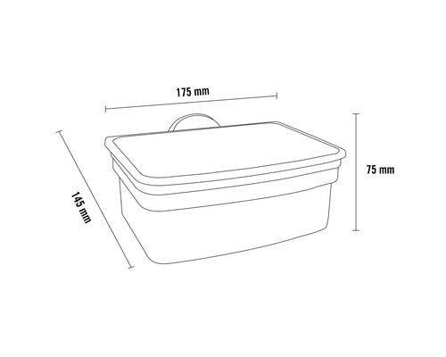 Technische tekening van een opbergdoos met afmetingen van 175 mm breed, 145 mm lang en 75 mm hoog.