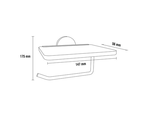 Technische tekening van een toiletpapierhouder met plank en afmetingen