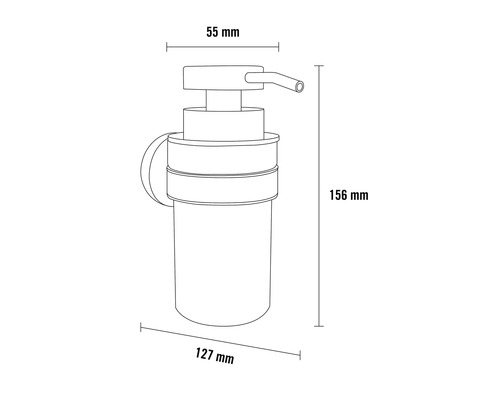 Technische tekening van een zeepdispenser met afmetingen