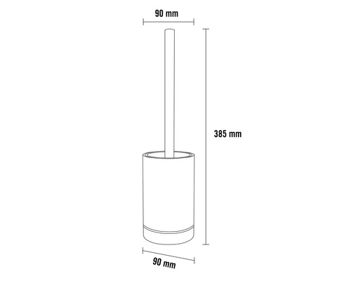 Toiletborstelgarnituur met een hoogte van 385 mm en een diameter van 90 mm.