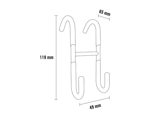Afbeelding van de afmetingen van een deurhanger: 119 mm hoog, 65 mm breed en 49 mm diep.