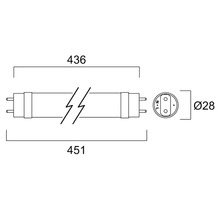 Afmetingen van een fluorescentielamp met een lengte van 436 mm en 451 mm en een diameter van 28 mm.