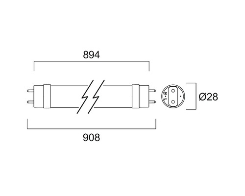 Technische tekening van een fluorescentielamp met maataanduidingen