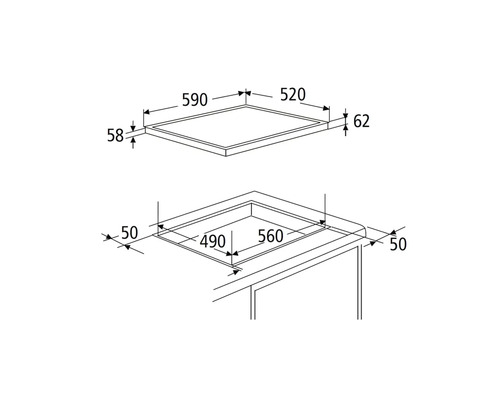 Maattekening van een kookplaat met afmetingen