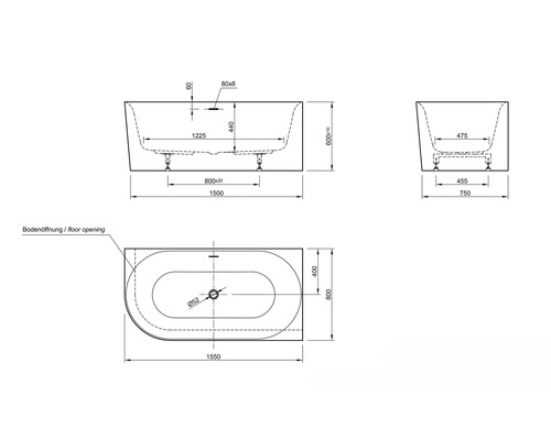 Technische tekening van een badkuip met afmetingen