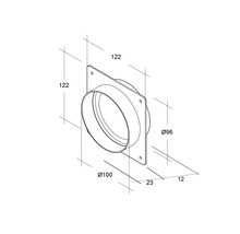 Technische tekening van een muurdoorvoer met de afmetingen 122 x 122 millimeter, diameter 96 millimeter en diameter 100 millimeter.