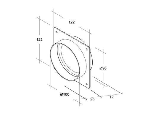 Technische tekening van een muurdoorvoer met de afmetingen 122 x 122 millimeter, diameter 96 millimeter en diameter 100 millimeter.