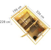 Bovenaanzicht van een tuinsauna met afmetingen van 336 bij 196 bij 228 centimeter.