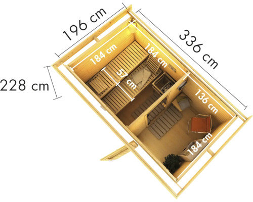 Bovenaanzicht van een tuinsauna met afmetingen van 336 bij 196 bij 228 centimeter.