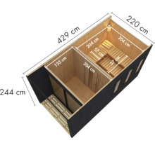 Illustratie van een tuinsauna met de afmetingen 429 bij 220 bij 244 centimeter