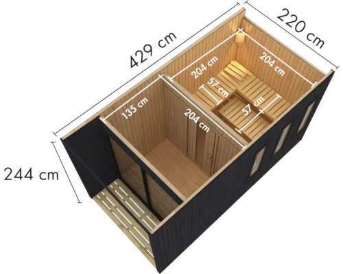 Illustratie van een tuinsauna met de afmetingen 429 bij 220 bij 244 centimeter