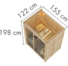 Afmetingen van een houten sauna: hoogte 198 cm, breedte 122 cm, diepte 155 cm, zitbreedte 57 cm