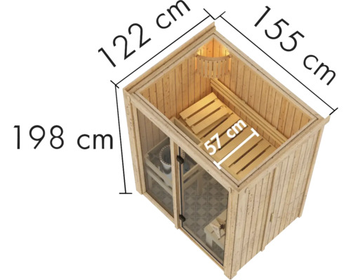 Afmetingen van een houten sauna: hoogte 198 cm, breedte 122 cm, diepte 155 cm, zitbreedte 57 cm