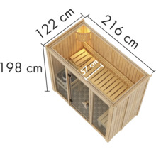 Bovenaanzicht van een sauna met afmetingen van hoogte, breedte en diepte