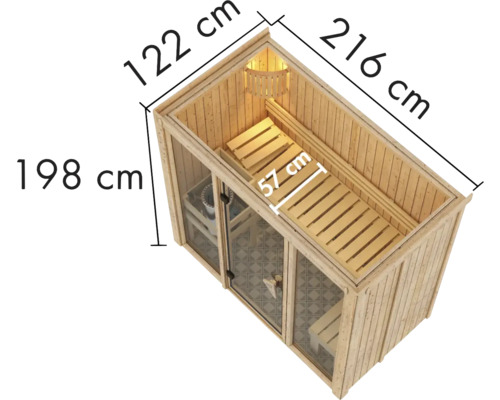 Bovenaanzicht van een sauna met afmetingen van hoogte, breedte en diepte