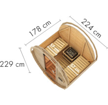 Binnenaanzicht van een houten sauna met afmetingen van 229 bij 178 bij 224 centimeter